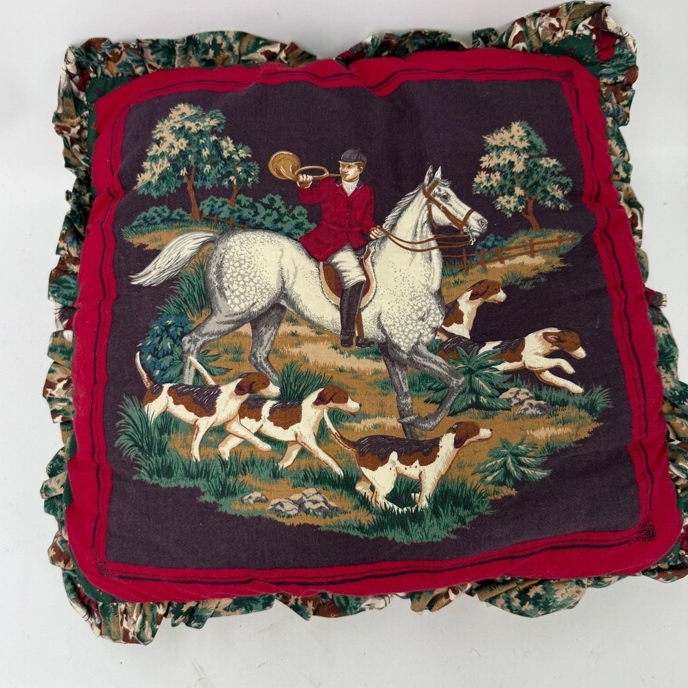 Vintage throw pillow featuring an English equestrian fox hunting scene